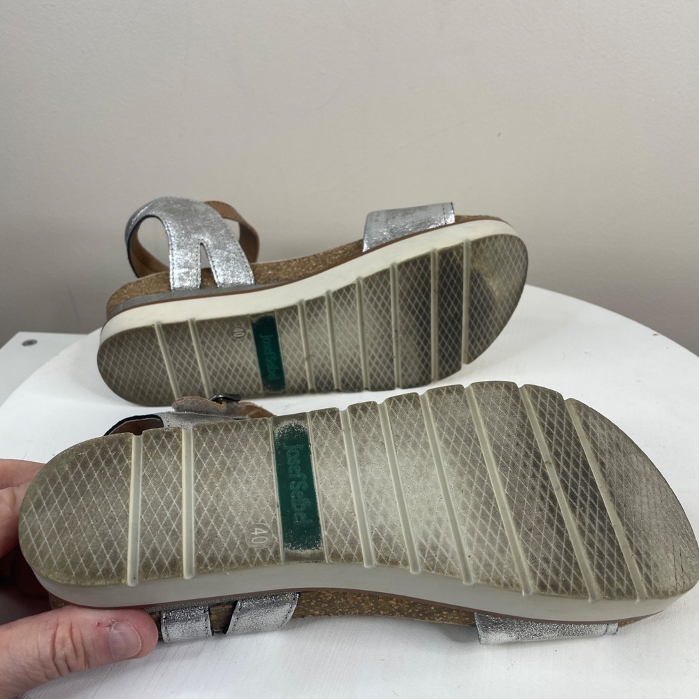 Josef Seibel Shoes Womens 40 9.5 Silver Strappy Sandals Platform Comfort Buckle - Picture 10 of 10